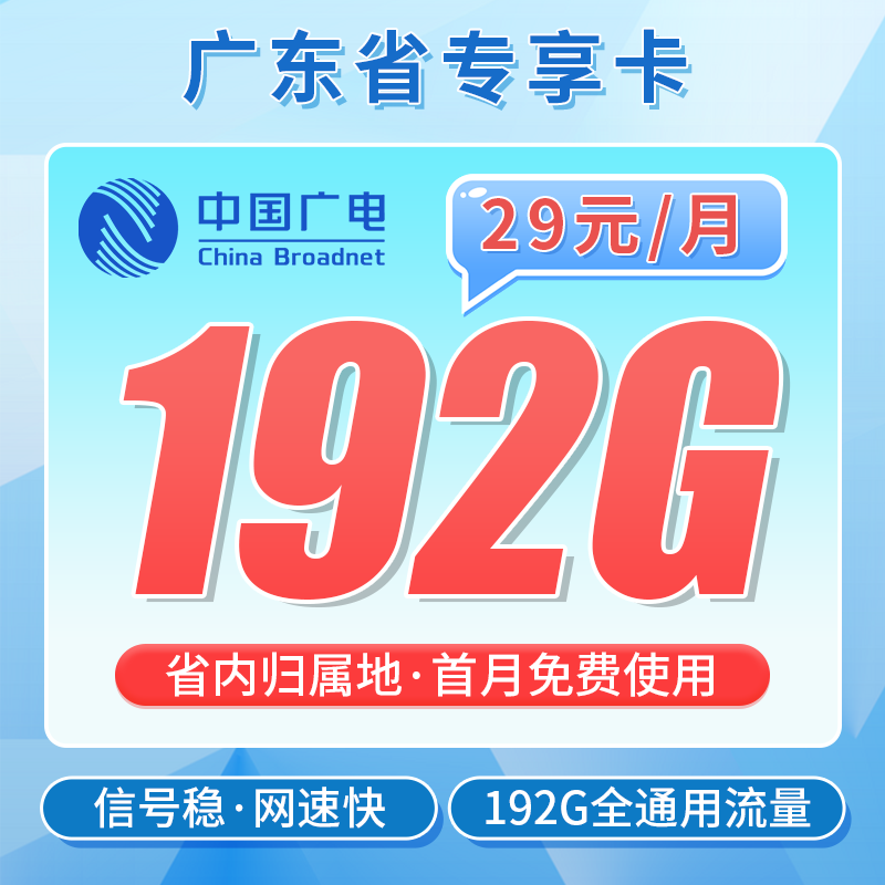 广电广东卡29元192G+可办理副卡!