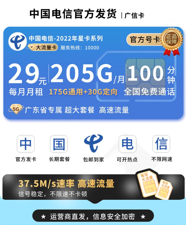 电信广信卡29元205G全国流量+100分钟+广东专属！
