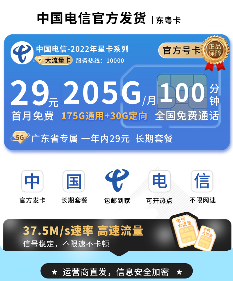 电信东粤卡29元205G全国流量+100分钟+广东专属！