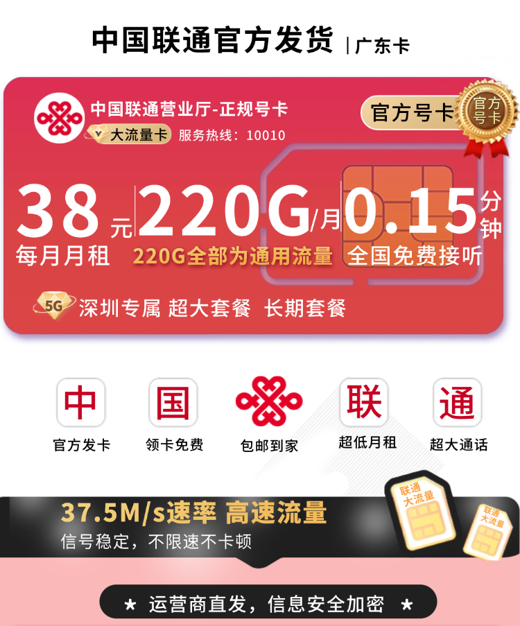 联通广东卡38元220G+广东省专属！