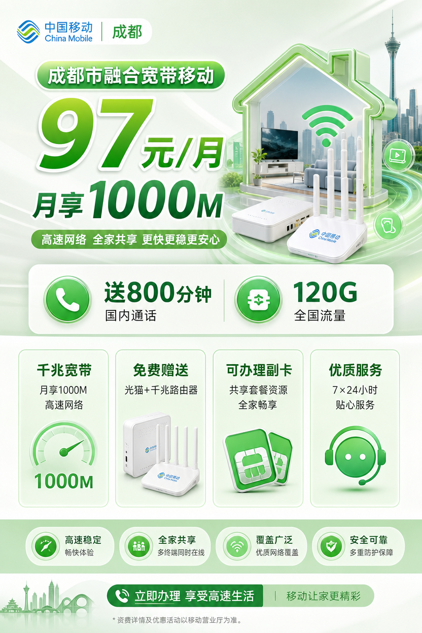成都市宽带移动97元每月享1000Mbps