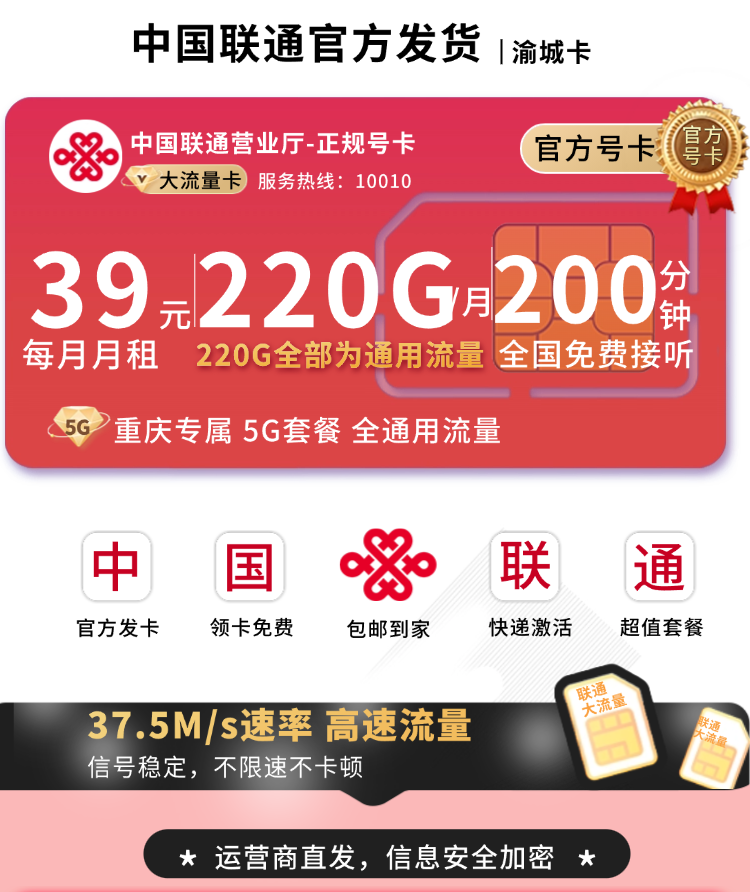 联通渝城卡39元220G+200分钟+重庆专属！