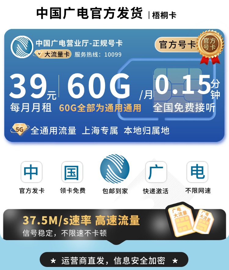广电梧桐卡39元60G通用流量+可发上海！