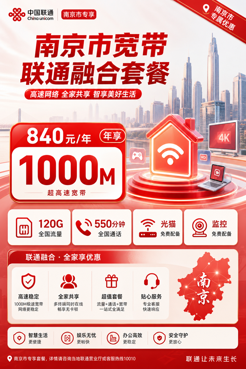 南京市宽带联通融合840元年享120G+550分钟+1000Mbps