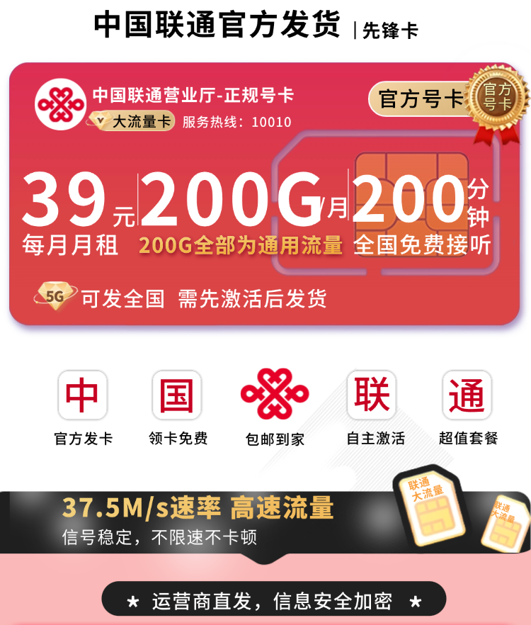 联通先锋卡39元200G+200分钟+可发全国！