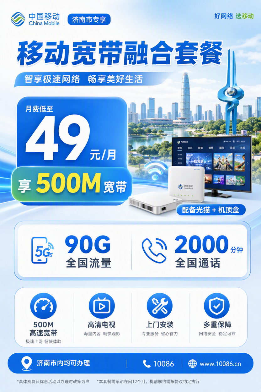济南市宽带移动融合49元月享90G+2000分钟+500Mbps